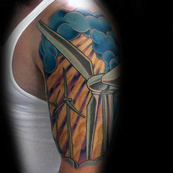 Awesome Windmill Guys 3d Half Sleeve Tattoo