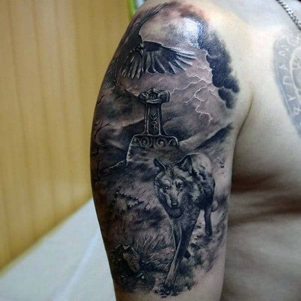 Awesome Wolf With Mjolnir Mens Half Sleeve Tattoo Ideas