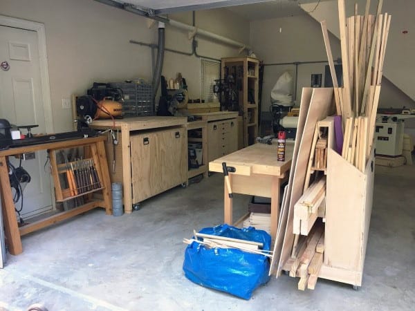 garage workshop wood workbench and cabinets