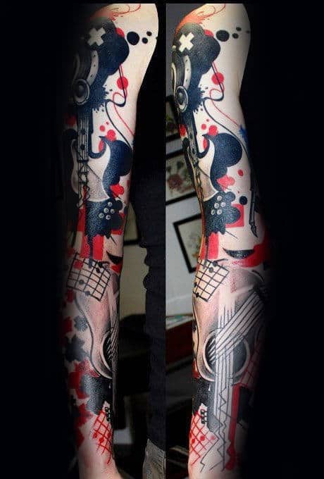 Awsome Male Music Sleeve Trash Polka Full Arm Tattoos