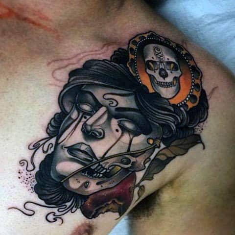 Awsome Neo Traditional Face Art Tattoo Males Chest