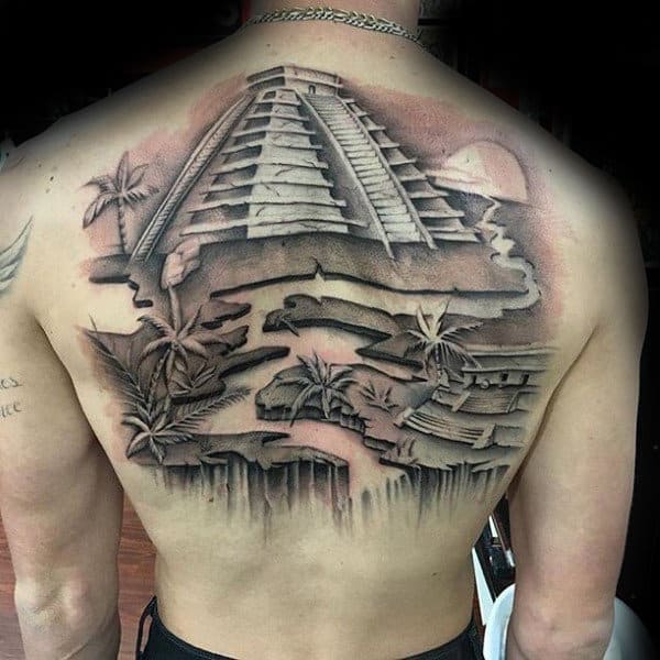 Aztec Pyramid Stone Mens Cliff Back Tattoos