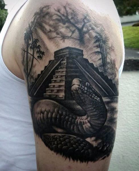 Aztec Pyramid With 3d Snake Mens Quarter Sleeve Tattoo