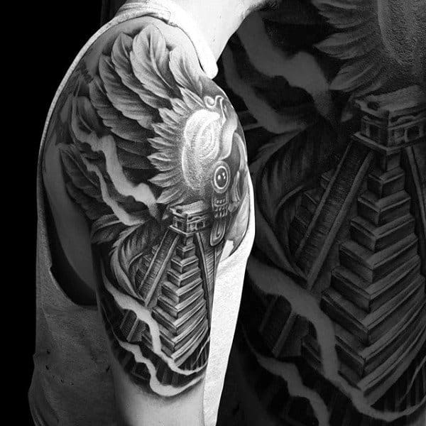 Aztec Pyramid With Feathers Male Half Sleeve Tattoo Inspiration