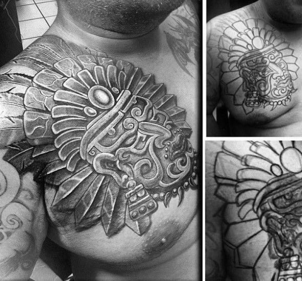 Aztec Shaded Black And Grey Chest Guys Cover Up Tattoos