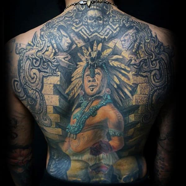 Aztec Warriior Mens 3d Stone Back Tattoo Designs