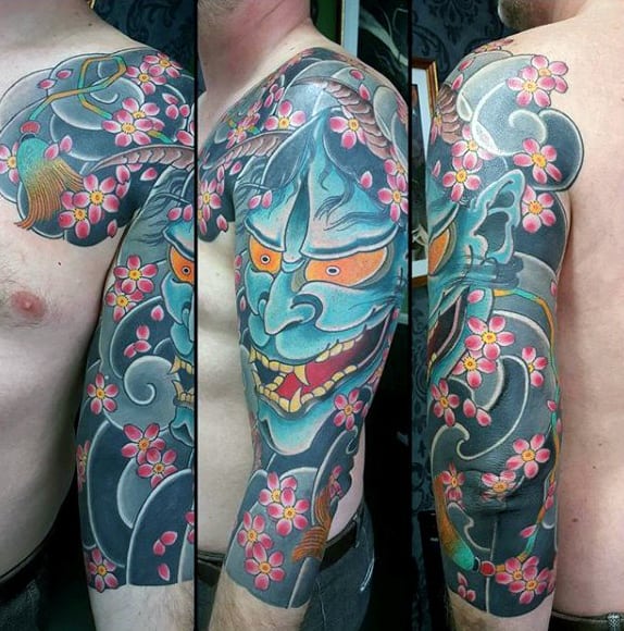 Azure Blue Japanese Sleeve Tattoo For Guys