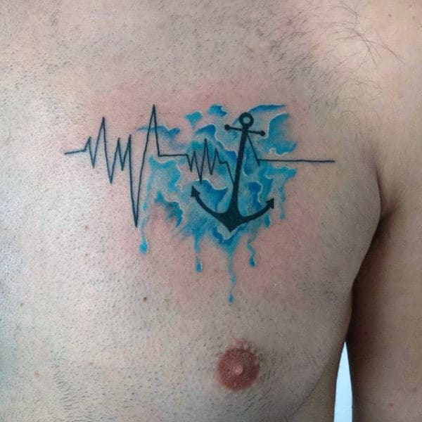 Heartbeat and anchor tattoo with a blue watercolor heart