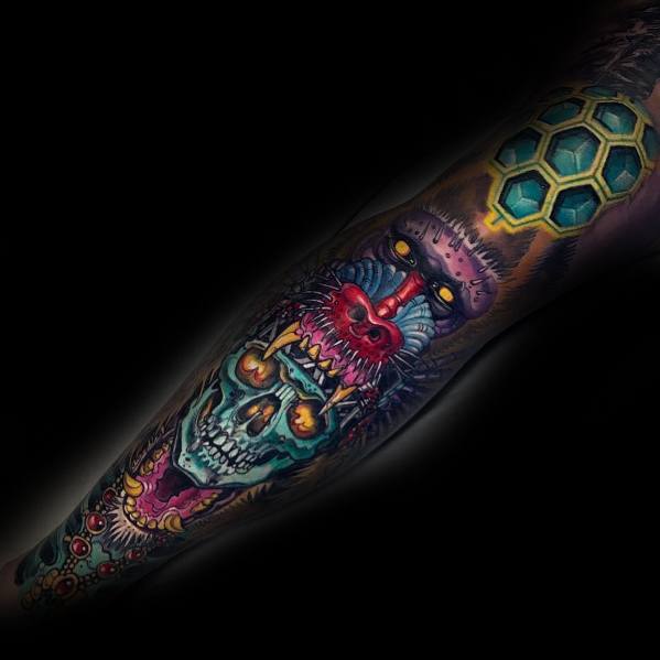 Dark fantasy-style baboon tattoo with vivid colors, glowing eyes, and a skeletal jaw, blending realism and surrealism for a striking sleeve design.