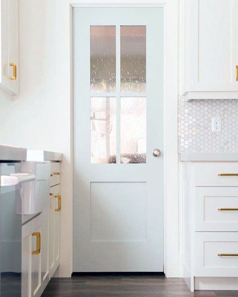 baby blue panty door with frosted glass in white kitchen gold accents 