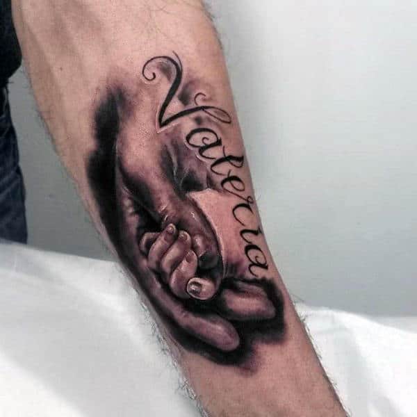 Baby Valeria Holding Hand Of Parent Family Tattoo Mens Forearm