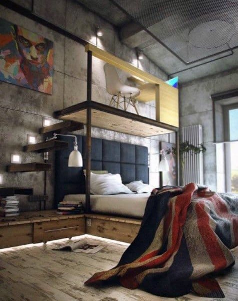 Industrial loft bedroom with concrete walls, modern decor, and elevated workspace platform.