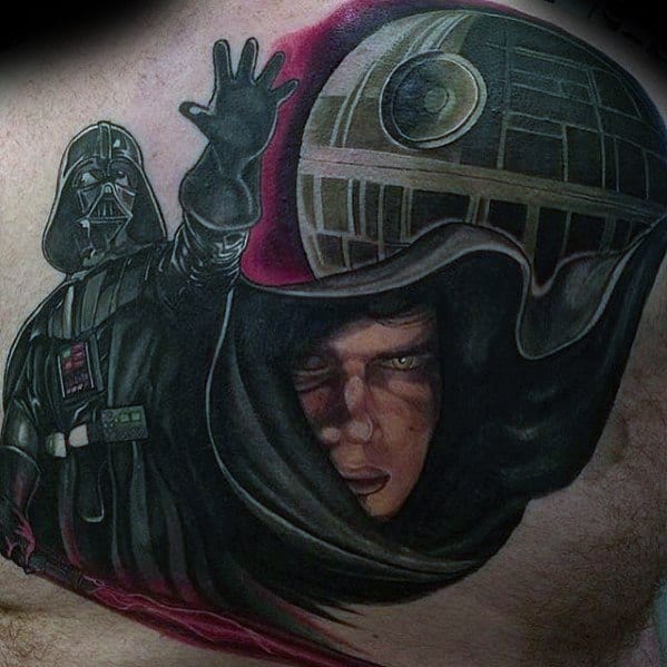 Bold Death Star tattoo featuring Darth Vader and Anakin Skywalker, with vivid shading and intricate detailing for Star Wars fans