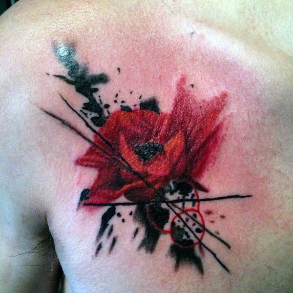 Back Abstract Red Poppy Tattoo For Men With Black Ink Watercolor Background