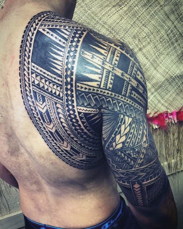 Back And Arm Samoan Sleeve Guys Tribal Tattoos