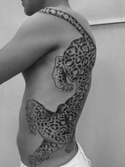 Back And Rib Cage Side Male Leopard Tattoos