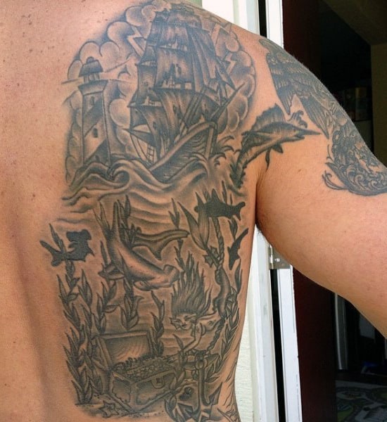 Back And Shoulder Shark Tattoos Men