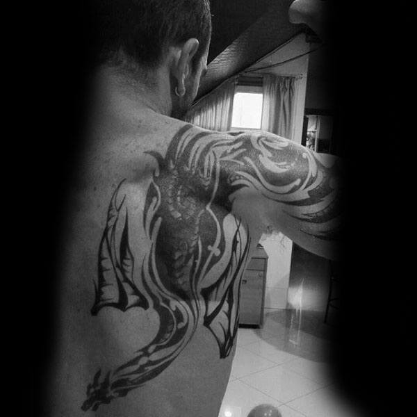 Back And Shoulder Tribal Dragon Tattoos For Guys