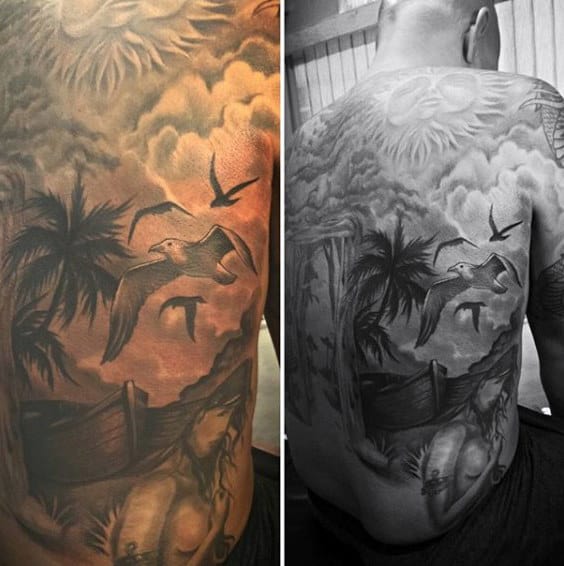 Back Beach Tattoo With Birds For Men