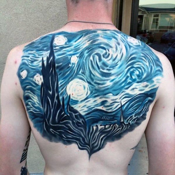 Back Black And Blue Ink Guys Painting Starry Night Tattoos