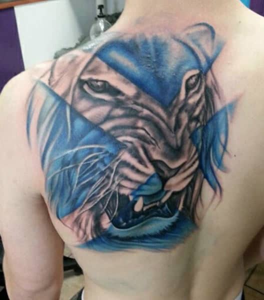 Back Blue And Black Lion Men's Tattoo