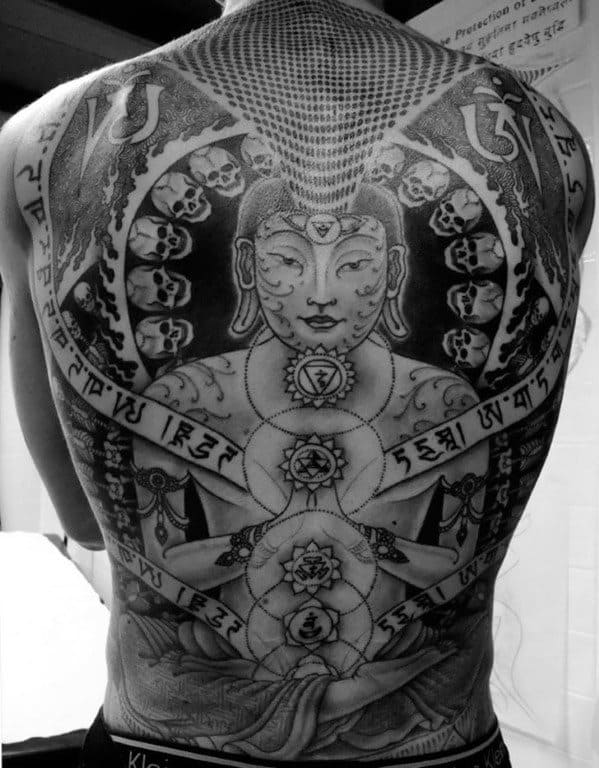 Detailed back tattoo of a meditating figure with intricate patterns and symbols