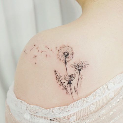 Elegant dandelion and wildflower tattoo on the shoulder with seeds floating away, symbolizing freedom, nature, and new beginnings.