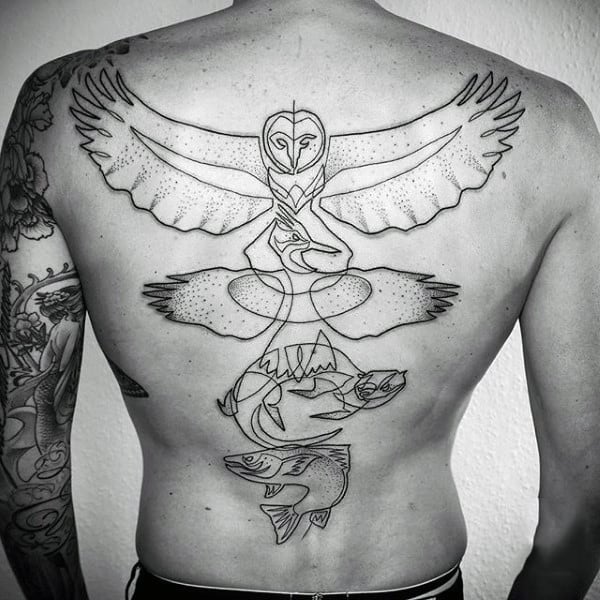 Back Eagle And Fish Line Art Tattoo Designs For Guys