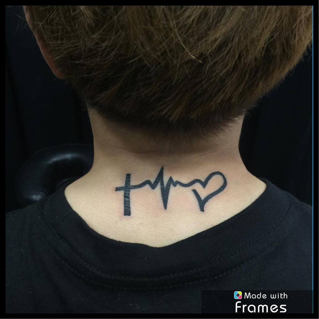 Neck tattoo of a cross, heartbeat line, and heart symbol on the back of a person's neck