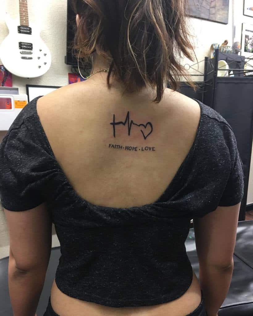 Back tattoo featuring a minimalist design with a cross, heartbeat line, and heart symbol, along with the words 'Faith,' 'Hope,' and 'Love,' representing spiritual and emotional values