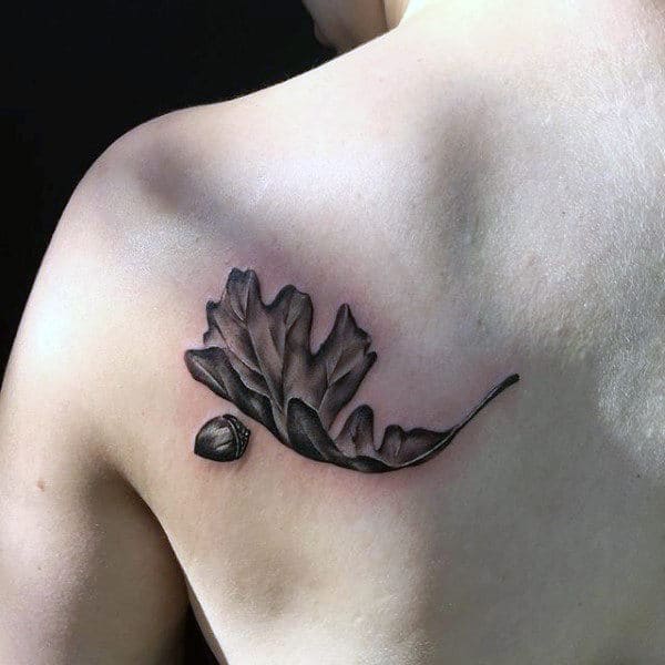 Back Fallen Leaf With Acorn Mens Tattoos