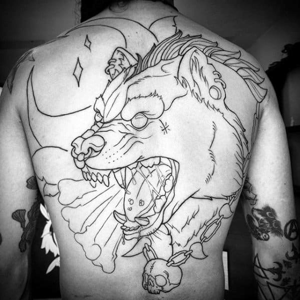 Large back tattoo outline of a snarling hyena with a mohawk, skull necklace, and stylized breath effect, set against a crescent moon and stars.