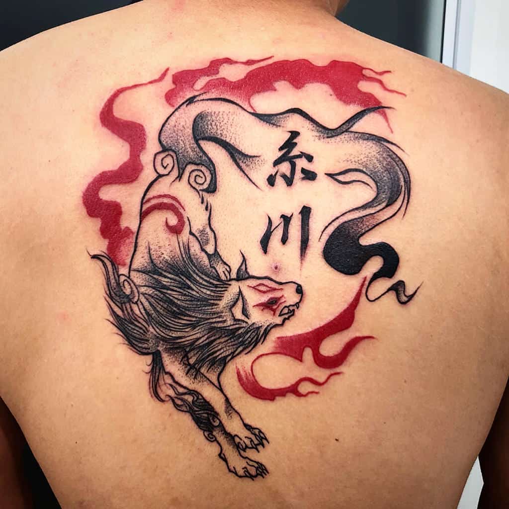 A tattoo of a stylized Japanese wolf intertwined with red flames adorns a person's back, featuring abstract patterns and characters