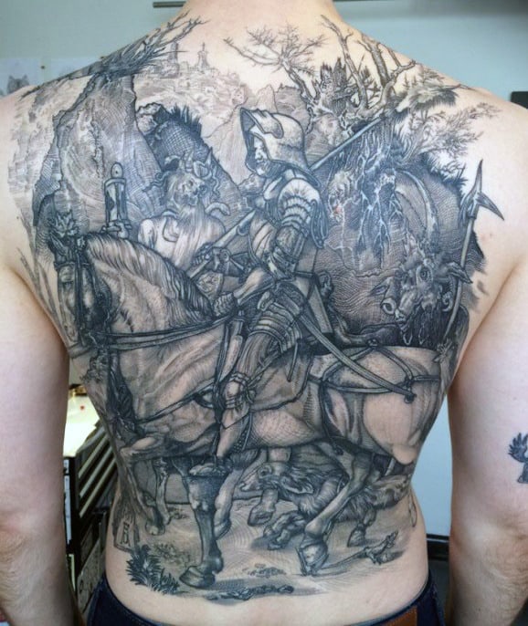 Back Knight Tattoo For Men In Black Ink