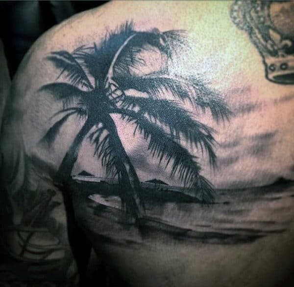 Back Male Dark Palm Tree Art Tattoo