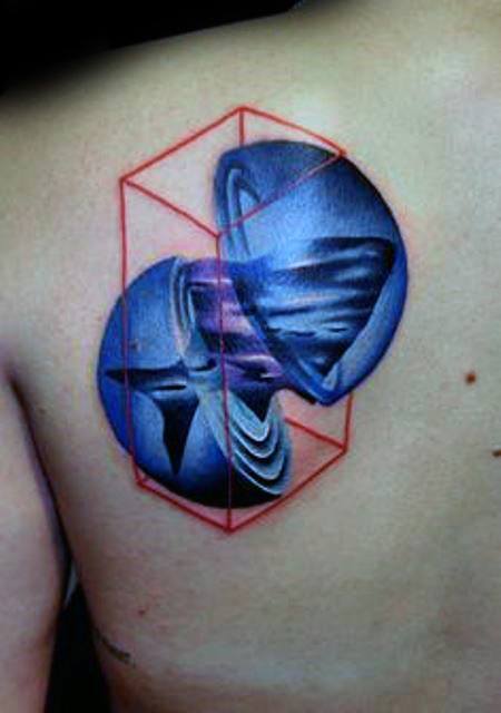 3D geometric tattoo design featuring two swirling spheres within a red cube structure, with a cool gradient color palette and a futuristic look.