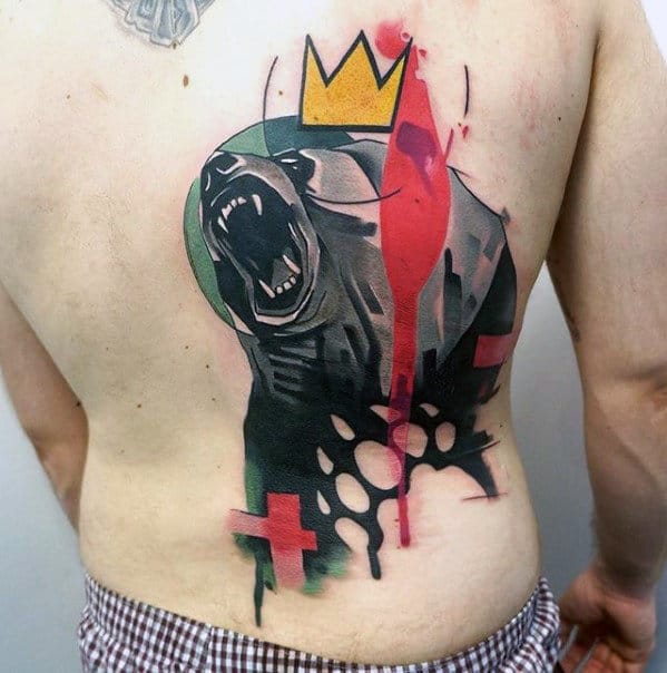 Back Negative Space Bear Paw With Crown Guys Unusual Back Tattoo