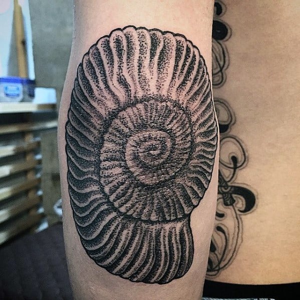 Back Of Arm Fossil Ammonite Mens Tattoo Ideas