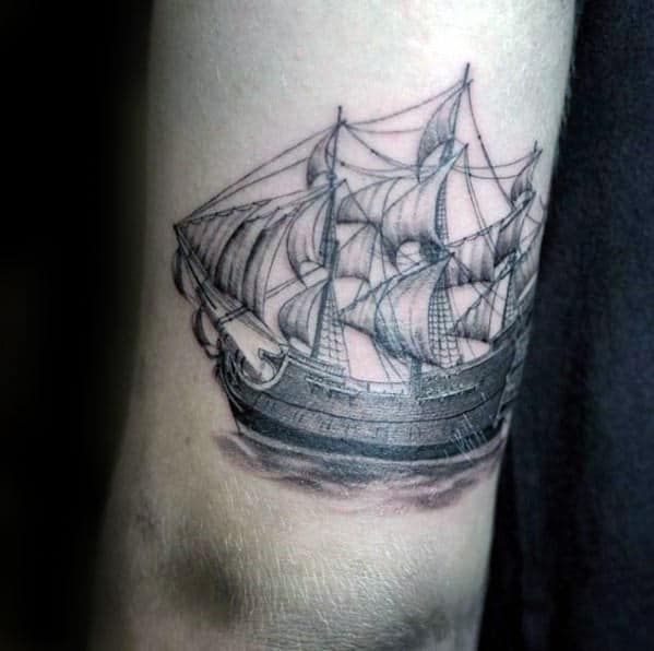 Back Of Arm Guys Vintage Sailing Ship Tattoo