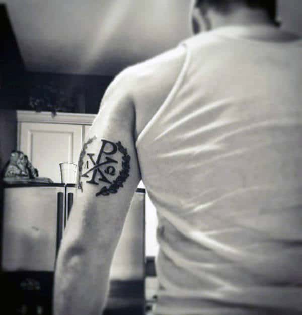 Back Of Arm Male Chi Rho Tattoo Designs With Olive Branches