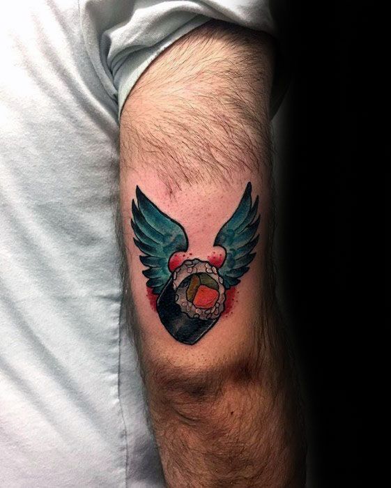 Back Of Arm Triceps Guys Sushi With Wings Tattoo Design Ideas