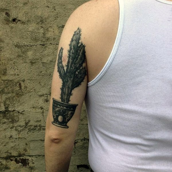 Back Of Arm Triceps Mens Realistic Black Ink Cactus Tattoo Design