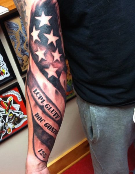 Back Of Forearm Guy With Eagle Tattoos With American Flag