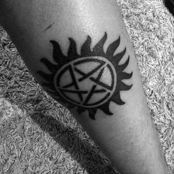 Back Of Forearm Guys Anti Possession Symbol Tattoo