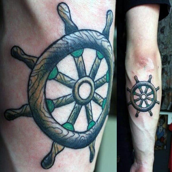 Back Of Forearm Mens Tattoo Of Ship Wheel