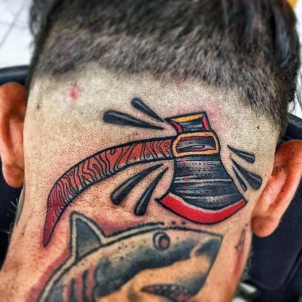 Back Of Head Axe Tattoo Design On Man