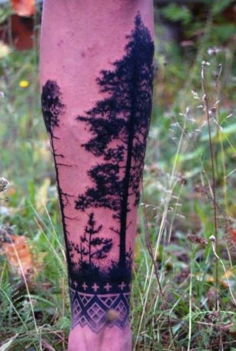 Back Of Leg Black Pine Tree Men's Tattoo