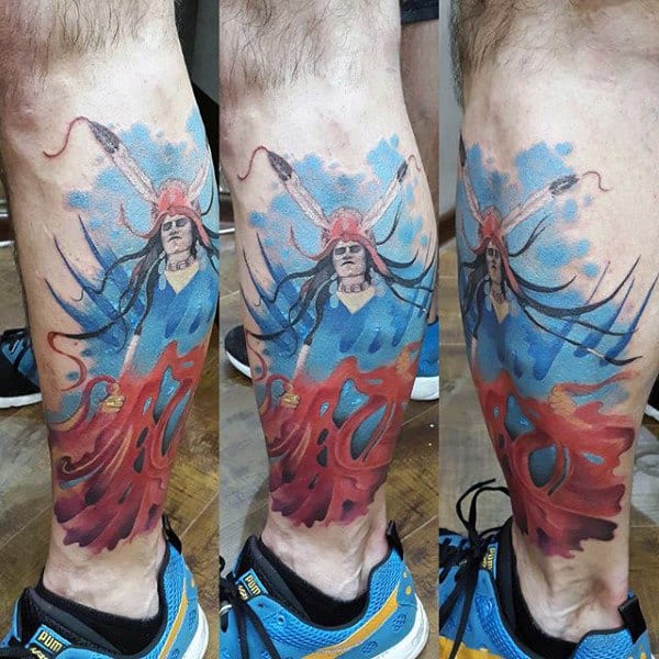 Back Of Leg Blue Flames Tattoos Designs On Man