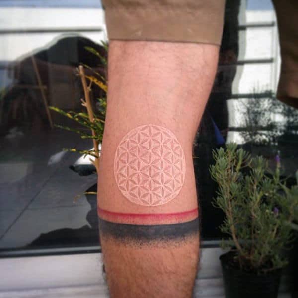 Back Of Leg Calf Circle Pattern White Ink Abstract Male Tattoos