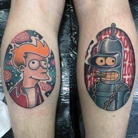 Back Of Leg Calf Futurama Bender And Philip Fry Mens Tattoos